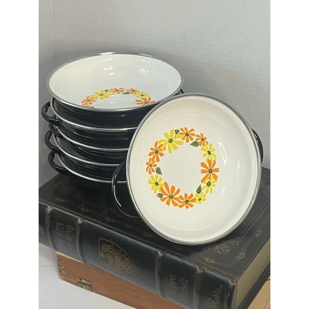 Vintage Ekco Country Garden Porcelain Enamel Pans‎ Set of 7 Italy Daisy Floral